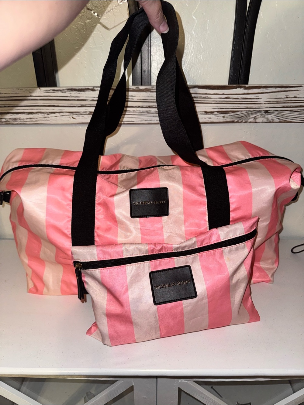Victoria's Secret Pink & Light Pink Striped Travel Tote duffle with Pouch